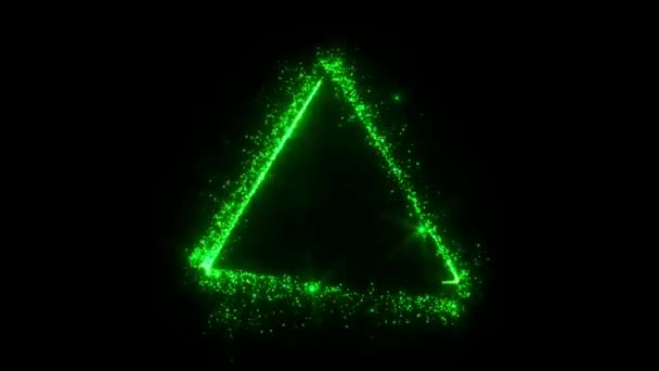 Groen Licht Sprankelende Deeltjes Driehoek Vorm Zwarte Achtergrond — Stockvideo