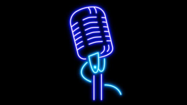 Animace Modrý Mikrofon Neon Světlo Tvar Černém Pozadí — Stock video