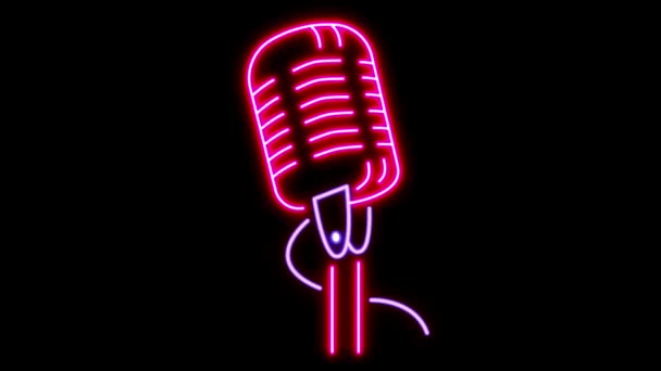 Animation Pink Microphone Neon Light Shape Black Background — Stock Video