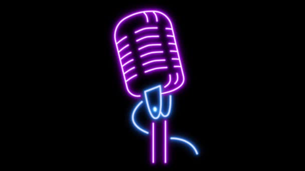 Animation Purple Microphone Neon Light Shape Black Background — Stock Video