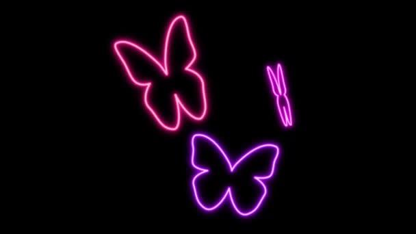 Animatio Paarse Vlinder Neon Licht Zwarte Achtergrond — Stockvideo