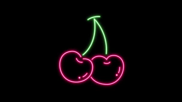 Animation Red Cherry Neon Light Black Background — Stockvideo