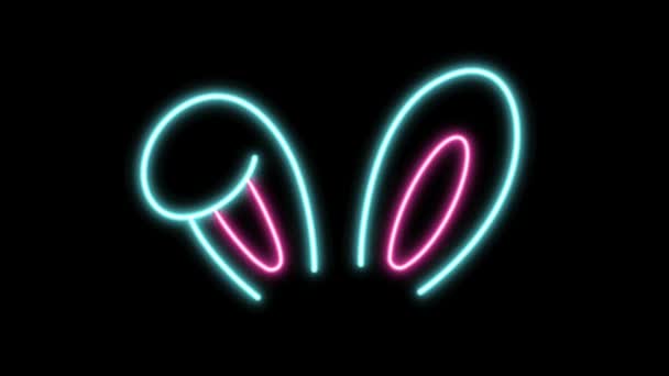 Animation Pink Rabbit Ears Neon Light Shape Black Background — Stock Video