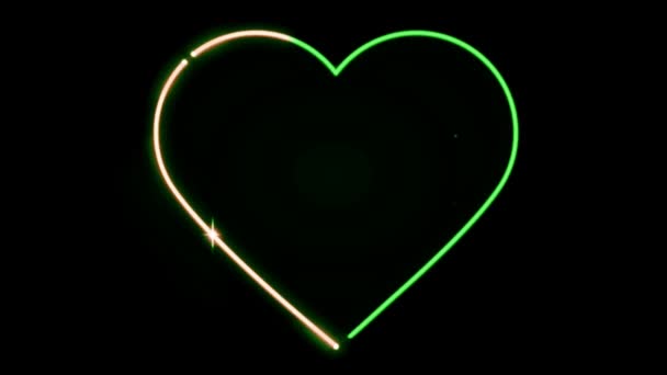 Анімація Зеленого Неонового Світла Геометрична Форма Серця Тексту Чорному Тлі — стокове відео