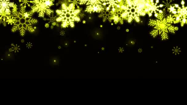 Animatie Gele Sneeuwvlok Sparkle Frame Isoleren Zwarte Achtergrond — Stockvideo