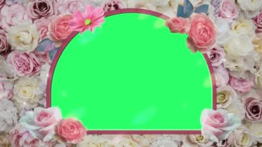 Animasyon pembe çiçek yeşil arkaplanda çiçek açan çerçeve.