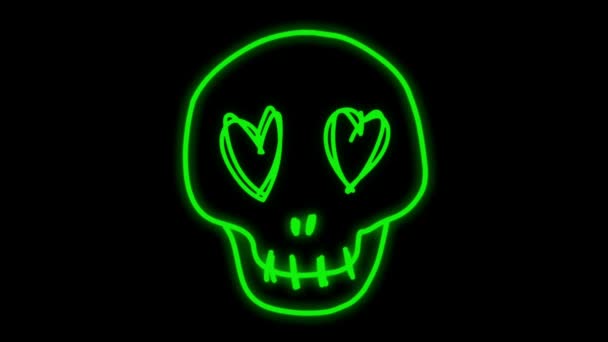 Animation Green Neon Light Skull Shape Black Background — Stock Video