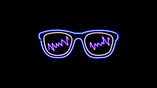 Animation Blue Neon Light Glasses Shape Black Background — Stock Video