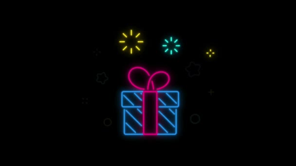 Animation Blue Neon Light Gift Box Isolate Black Background — Vídeos de Stock