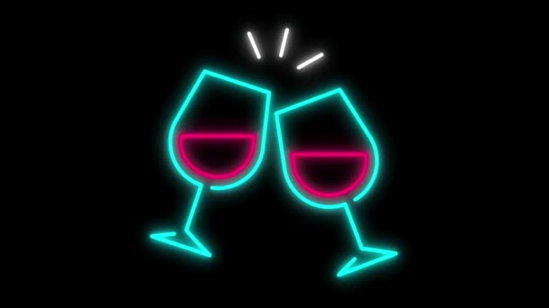 Animation colorful neon light wine glass shape isolate on green background. 