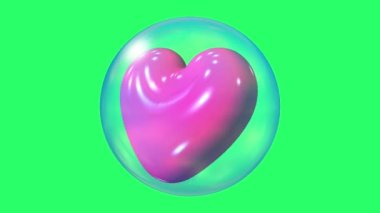 Animation pink heart shape isolate on green background.