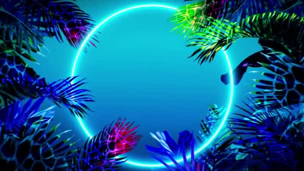 Animation Colorful Leaf Frame Blue Neon Light Circle Shape — 图库视频影像