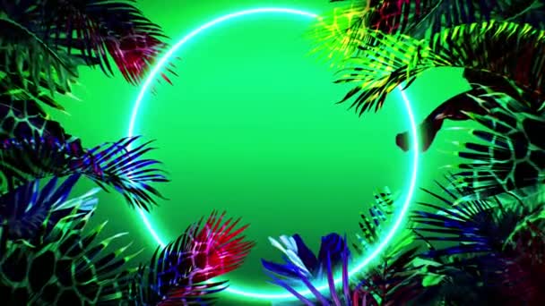 Animation Colorful Leaf Frame Green Neon Light Circle Shape — Stockvideo