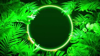 Animation colorful leaf frame with green neon light circle shape. 