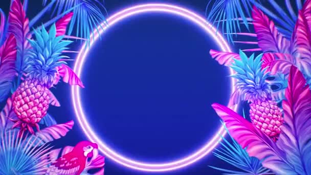Animation Colorful Leaf Frame Blue Neon Light Circle Shape — Stockvideo