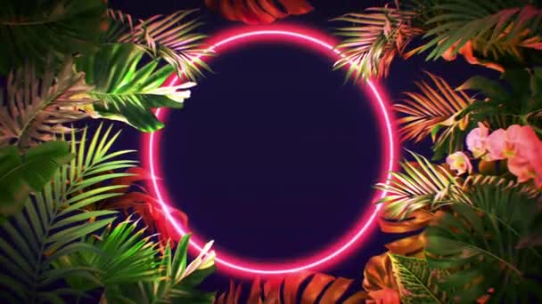 Animation Colorful Leaf Frame Red Neon Light Circle Shape — Vídeo de Stock