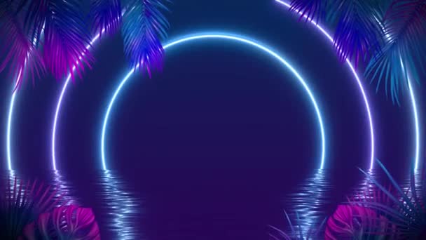 Animation Colorful Leaf Frame Blue Neon Light Circle Shape — Vídeo de Stock