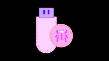 Animasyon mor flash disk ve hata simgesi siyah arkaplanda izole.
