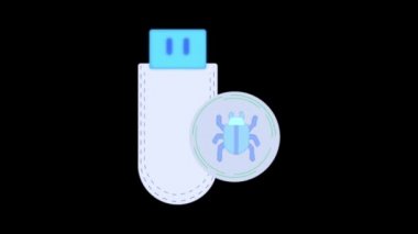 Animasyon mavi flash disk ve hata simgesi siyah arkaplanda izole.
