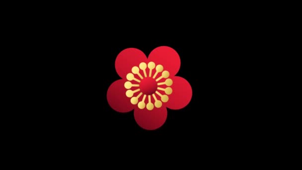 Κινούμενα Σχέδια Κόκκινο Λουλούδι Κινέζικο Στυλ Απομονωθεί Μαύρο Φόντο — Αρχείο Βίντεο