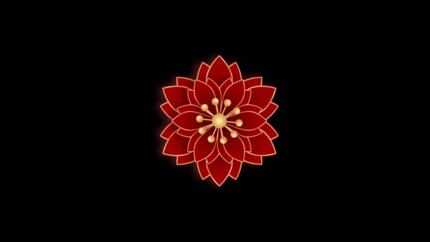 Animacja Czerwony Kwiat Chiński Styl Izolat Czarnym Tle — Wideo stockowe