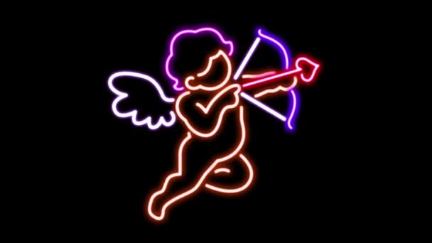Animation Rosa Neon Ljus Cupid Flytande Svart Bakgrund — Stockvideo