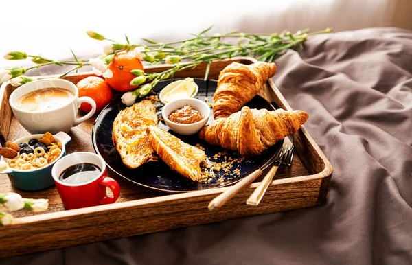 Continental Breakfast Rustic Wooden Tray Bed Grey Sheets Coffee Croissants — Stock Photo, Image
