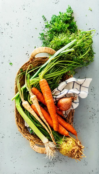 生根茎蔬菜 胡萝卜 在农村篮子里 来自花园的新鲜收获 在灰色石头背景的上方拍摄 — 图库照片