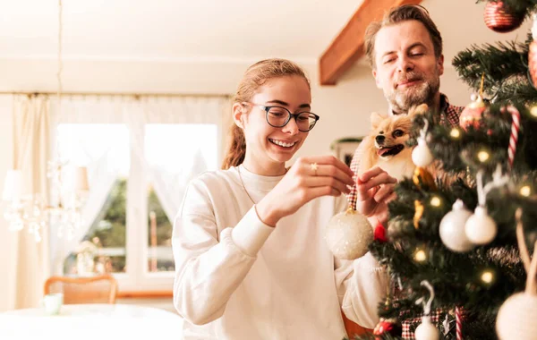 Happy Caucasian Family Father Daughter Dog Decorating Christmas Tree Balls —  Fotos de Stock