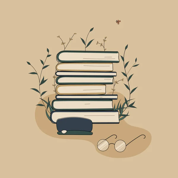 书籍是知识的来源 带着一盒书和一本书的杯子 一堆堆被植物环绕的书作为教育的象征 — 图库矢量图片
