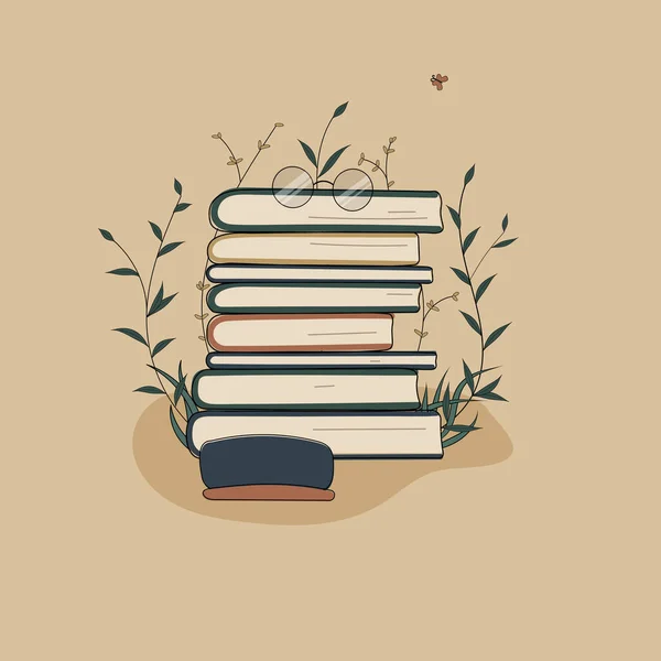 书籍是知识的来源 书架上的玻璃杯和书本旁边的箱子 成堆的书被植物团团围起来作为教育的象征 — 图库矢量图片