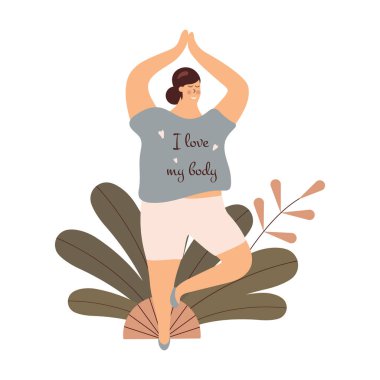 Vücut pozitifliği, vücudu daha geniş olan tombul bir kız yoga.Ağaçta poz veren tombul bir kadın. Gelişen güzellik standartları ve çeşitliliği kavramı. Yazı, vücudumu seviyorum. Raster illüstrasyonu.