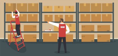 Depo ya da depo: depocu merdivenin yanında karton kutularla bekliyor ve patronu ona talimatlar veriyor. Paketler, bant kesiciler ve klasörler raflarda. Vektör çizimi