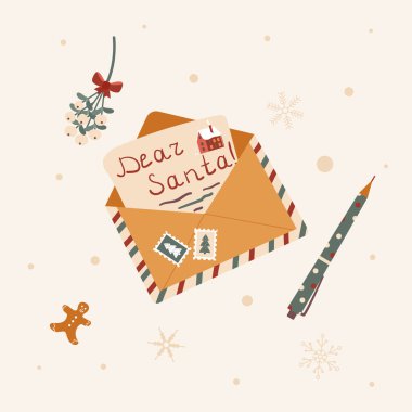 Zarfın içinde Noel Baba 'ya yazılmış bir mektup. Noel hazırlama süreci. Kış tatili Noel 'i ve yeni yıl kutlaması postası veya mesajı. Vektör illüstrasyon düz çizgi film çizimi beyaz üzerine izole