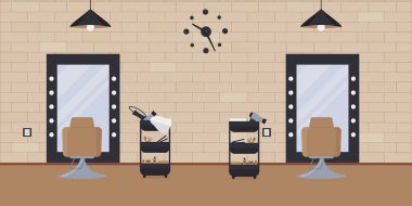 Çatı katı stilinde bir güzellik salonu. Tuğla duvarlı, aynalı, saç kurutma makineli tramvaylar, saç düzleştiricileri olan boş, rahat bir berber dükkanı. Kuaförün işyeri. Raster illüstrasyonu