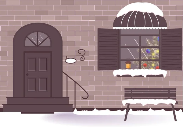 除夕之夜 圣诞快乐 新年和诺埃尔的庆祝活动 屋外的门窗装饰着圣诞佳节的烛光 矢量平面插图 — 图库矢量图片
