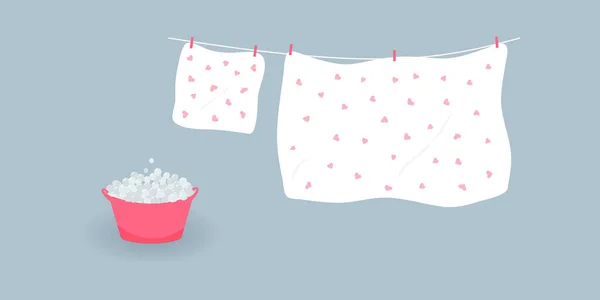 Concept Washing Drying Washed Cute White Bed Sheet Pillowcase Pink — Φωτογραφία Αρχείου