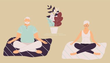 Yoga pozisyonu almış yaşlı, komik kadın ve erkek, meditasyon yapıyor, zihin egzersizi yapıyor, evde ya da spor salonunda ruhsal disiplin uyguluyor. Tatlı yaşlı kadın ve erkek mindere oturup meditasyon yapıyor. Vektör illüstrasyonu.