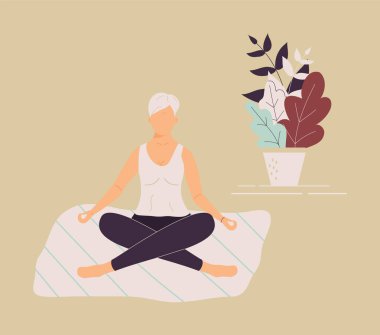 Yoga Lotusu pozisyonunda yaşlı komik bir kadın meditasyon yapıyor, dikkat egzersizi yapıyor, evde ya da spor salonunda ruhsal disiplin uyguluyor. Paspas ve meditasyon yapan tatlı yaşlı bir kadın. Vektör çizimi.
