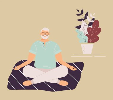 Yoga nilüfer pozisyonunda yaşlı komik bir adam meditasyon yapıyor, zihin egzersizi yapıyor, evde veya spor salonunda ruhani disiplin uyguluyor. Paspasın üzerinde oturup meditasyon yapan sevimli yaşlı bir erkek. Raster illüstrasyonu
