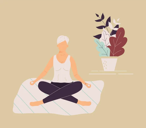 Oudere Grappige Vrouw Yoga Lotus Positie Die Meditatie Mindfulness Oefening — Stockfoto