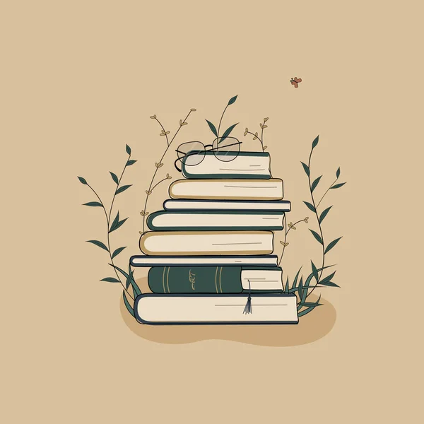 书籍是知识的来源 书籍堆积如山 书籍堆积如山 植物环绕成堆 是教育和阅读的象征 — 图库矢量图片