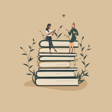 Kavram: kitap bilgi kaynağıdır. Arkadaşlarıyla birlikte kitap yığınının üzerinde oturan ve kitap okuyan küçük Afrikalı bir kadın. Eğitimin sembolü olarak bitkilerin olduğu ciltler. Kütüphane veya kitapçı için. El çizimi vektör