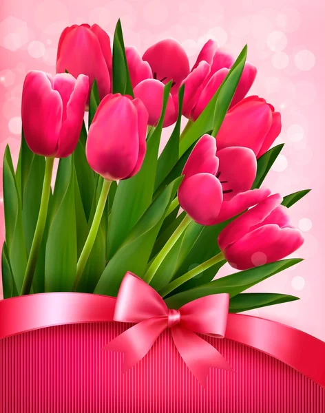 Διακοπές φόντο με ροζ λουλούδια και δώρο τόξο με κορδέλα. v — Διανυσματικό Αρχείο