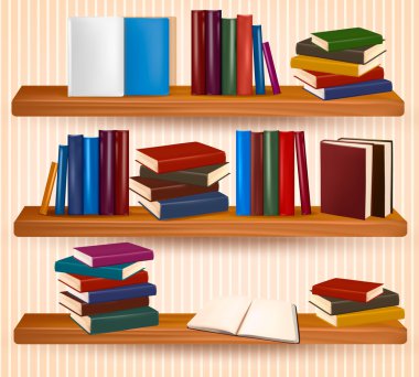 Bookshelf saatin ve renkli kitaplar ile. vektör çizim.