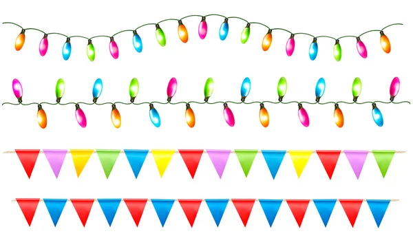 Strings of holiday lights and birthday flags white background. V — Stock Vector