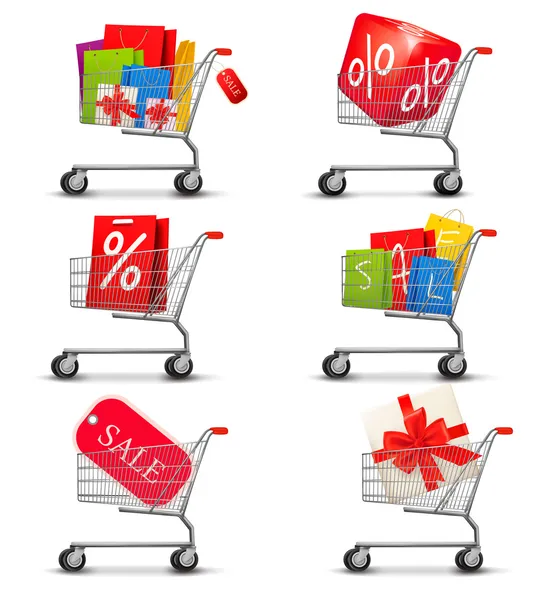 Collection of shopping carts full of shopping bags and gift boxe — Stock Vector