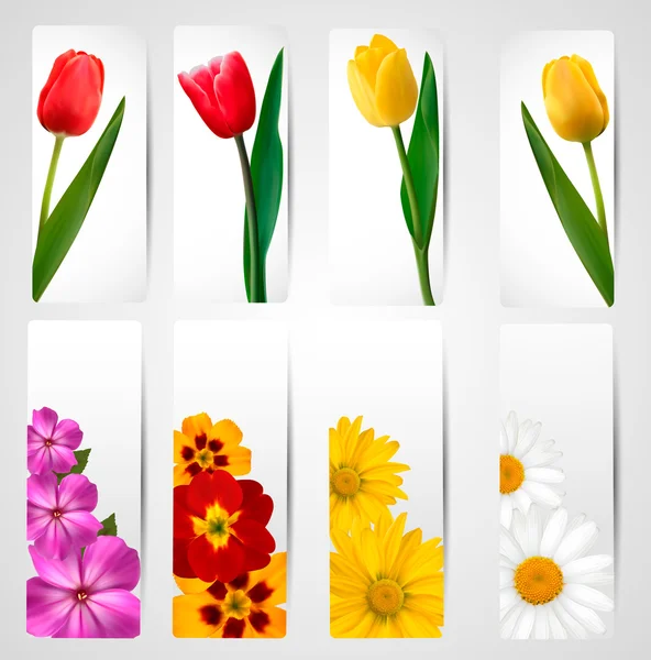 Farklı renkli çiçekli afiş kümesi. vektör illustrati — Stok Vektör