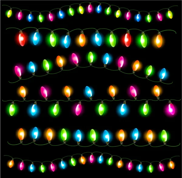 Cuerdas de luces navideñas sobre fondo negro. Vector illustrati Ilustración de stock