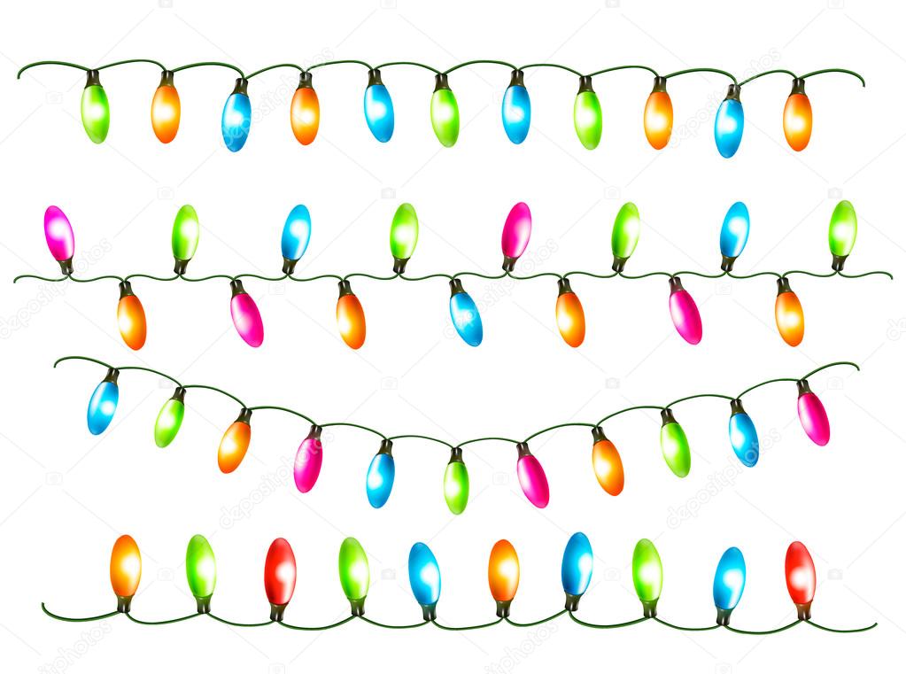 Strings of holiday lights on white background. Vector illustrati